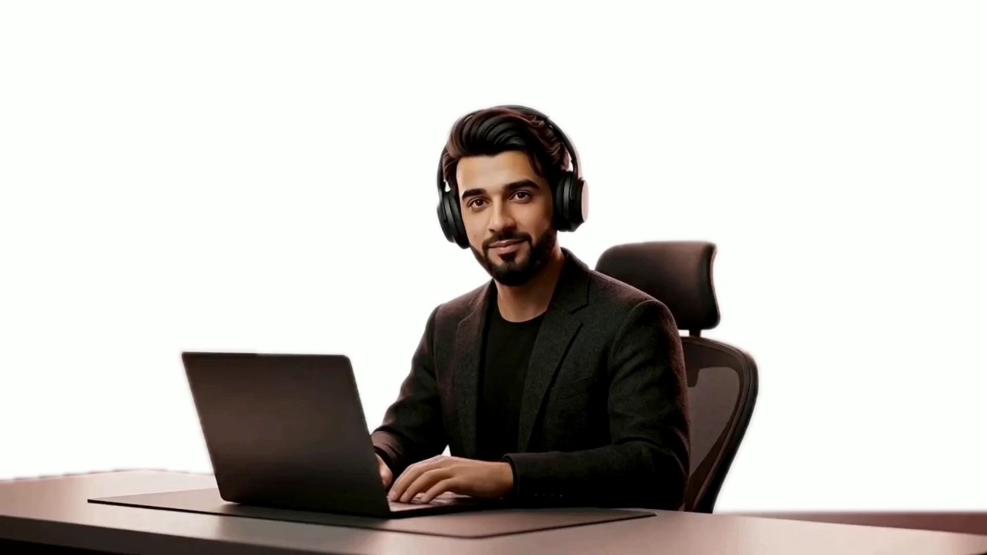 Cinematic 3D Talha seated at a laptop
